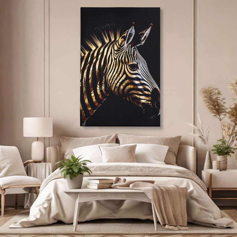 Tablou canvas cu tablou canvas cu cap de zebra aurie, fara rama, pe sasiu de lemn, pe perete intr-un dormitor